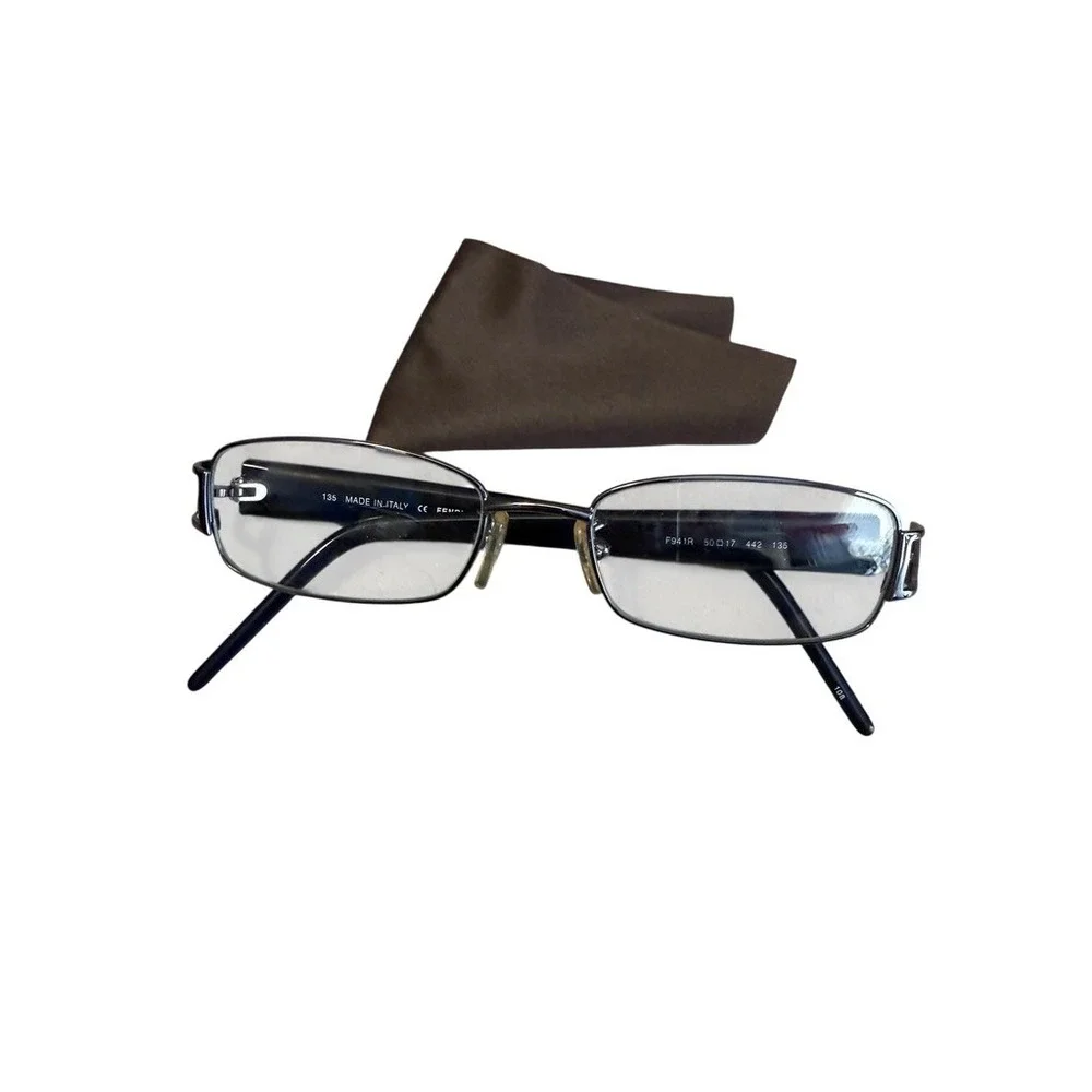 Fendi F941R Blue Rectangular Eyeglasses Silver Zucca Logo‎ Crystal Italy 50mm